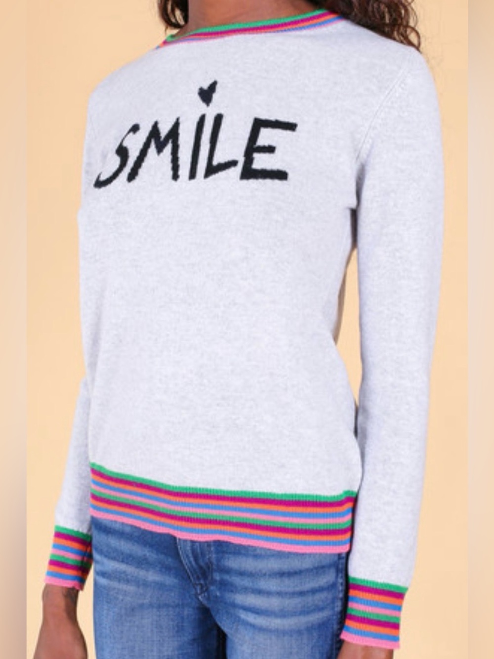 Chinti & Parker Light Gray 'SMILE' Crewneck Sweater with Rainbow Trim